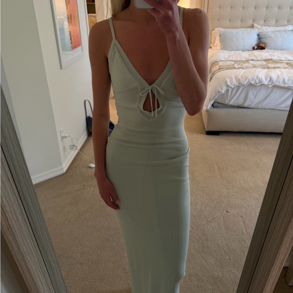 Meshki Sage Green Midi Dress with Lace Trim